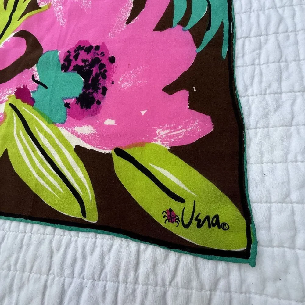 Vintage Vera Neumann Floral Scarf Pink Green Brown Hand Rolled Ladybug Logo - Picture 4 of 13